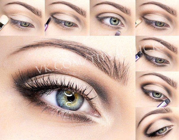 SMOEY EYES 1.Нанесите светлые тени на подвижное веко.2.В складку нанесите бежевые тени.3.Нанесите темно-серые тени во внешний уголок и складку, как на фото.4.Нанесите серые тени на нижнее